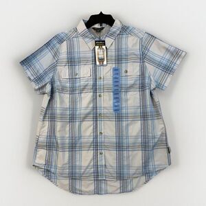 Eddie Bauer‎ Women L Adventure Shirt Blue Plaid Short Sleeve Moisture Wicking